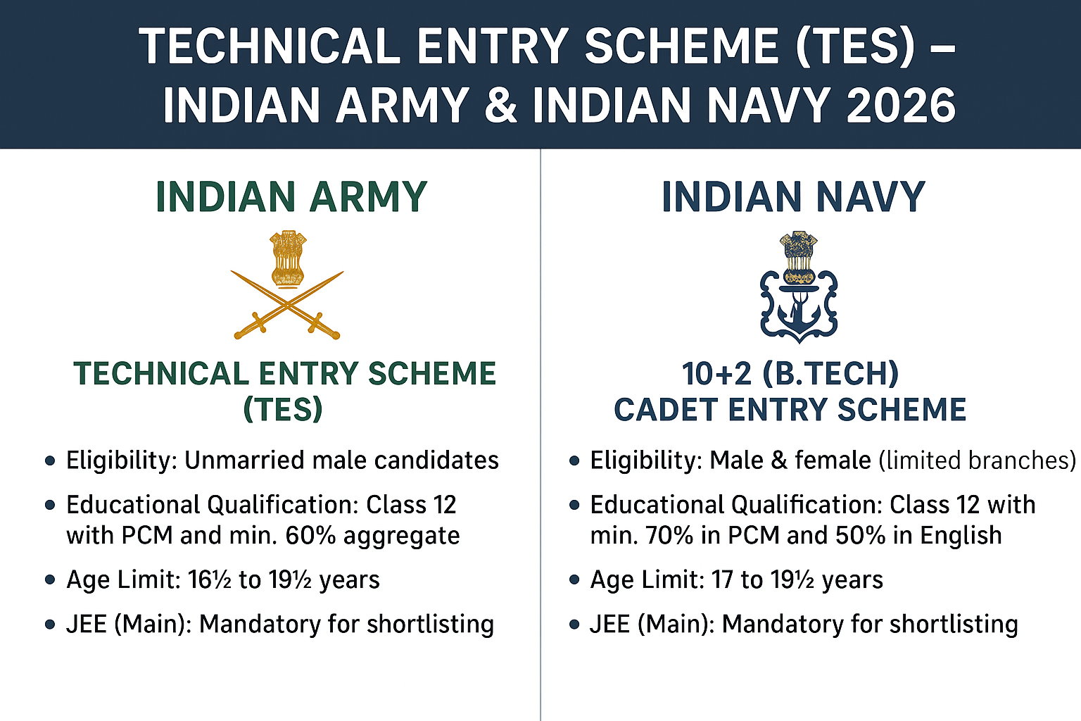 Technical Entry Scheme (TES) – Indian Army & Indian Navy 2026