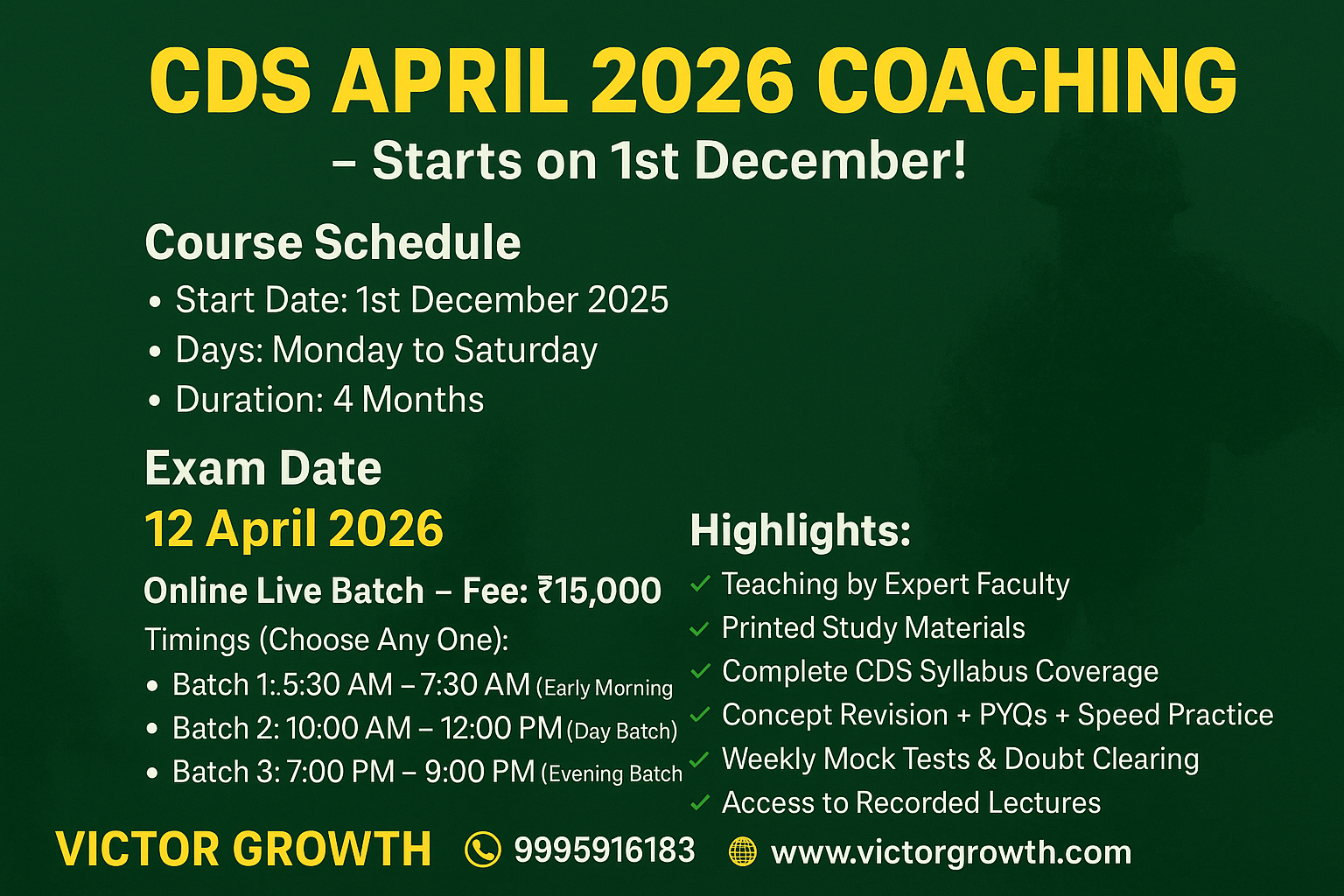 CDS April 2026 Coaching – Best 4-Month Training Program Starting on 1st December 2025 | Victor Growth Kochi