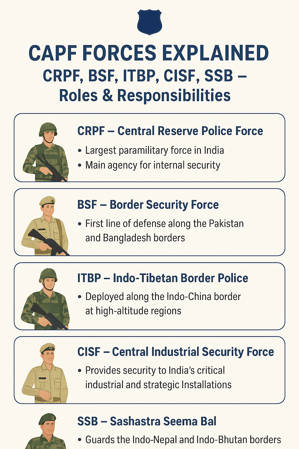 CAPF Forces Explained: CRPF, BSF, ITBP, CISF, SSB – Roles & Responsibilities