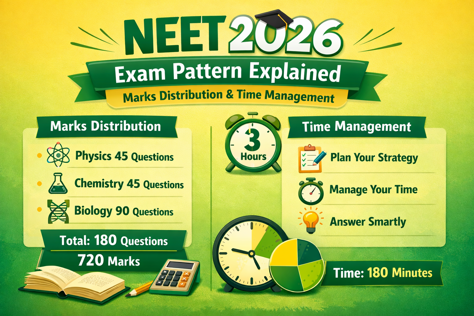 NEET 2026 Exam Pattern Explained: Marks Distribution & Time Management CREATE AN IMAGE RELATING TO THIS TOPIC with yellow and green