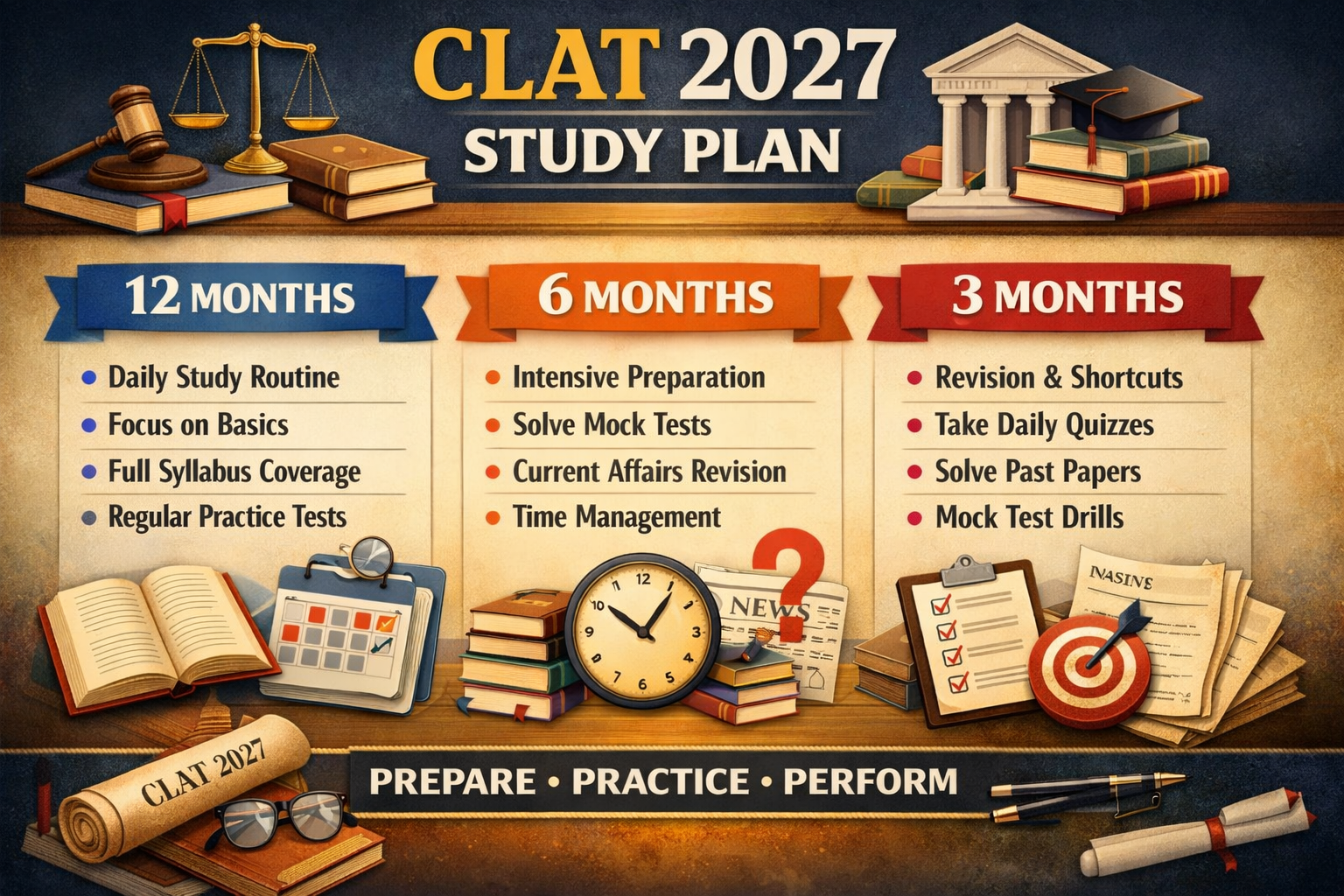 CLAT 2027 Study Plan: 12 Months / 6 Months / 3 Months