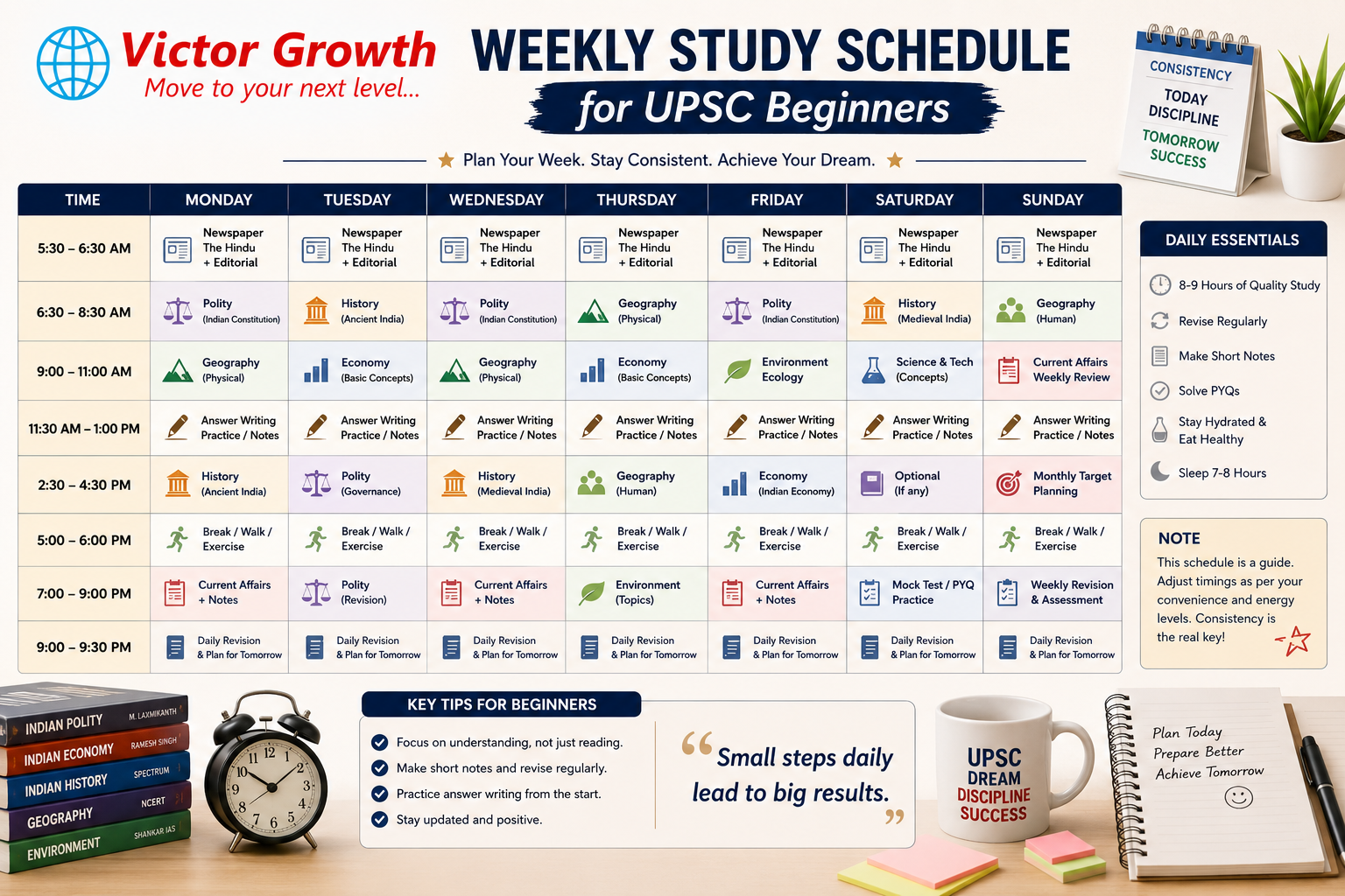 Weekly Study Schedule for UPSC Beginners